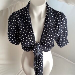 Cotton On navy and white front tie crop blouse XS